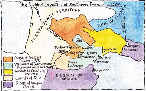 Map of the divided loyalties of Southern France in 1209